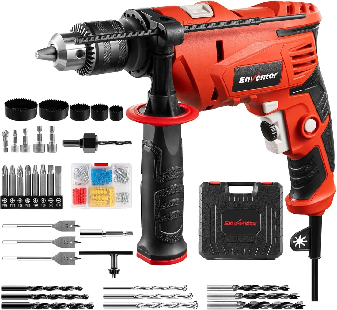 Enventor Taladro Percutor con Cable 900W, 37 Accesorios, Función 2 en 1 | Velocidad Variable 0-3000RPM, Mango Auxiliar de 360°, Portabrocas de 13MM, para Concreto, Metal y Madera