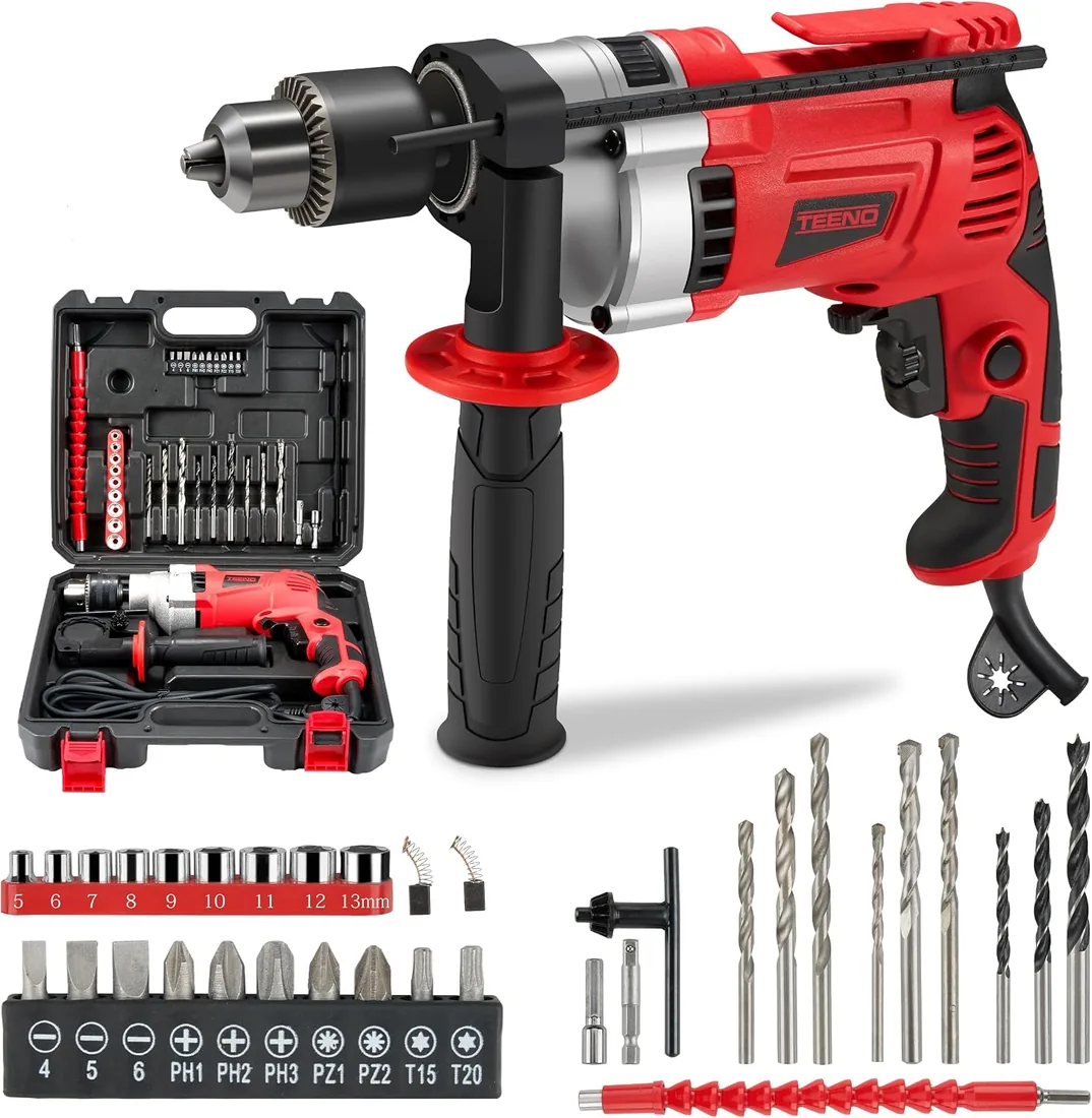 TEENO Taladro Percutor con Cable 910W, Taladro Percutor Eléctrico 0-3000 RPM con botón de velocidad variable, Mango Giratorio de 360°,38 Accesorios, Portabrocas de 13mm, Ladrillo, Madera, Acero