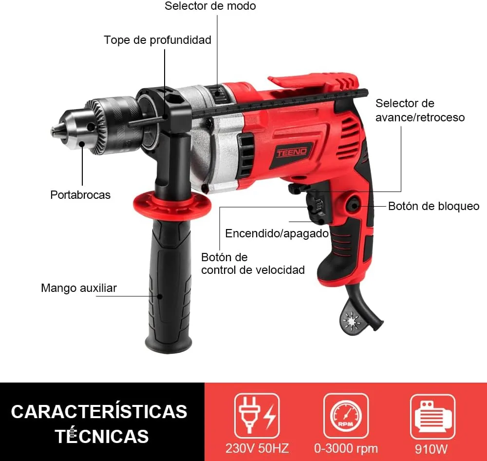 TEENO Taladro Percutor con Cable 910W, Taladro Percutor Eléctrico 0-3000 RPM con botón de velocidad variable, Mango Giratorio de 360°,38 Accesorios, Portabrocas de 13mm, Ladrillo, Madera, Acero foto 2
