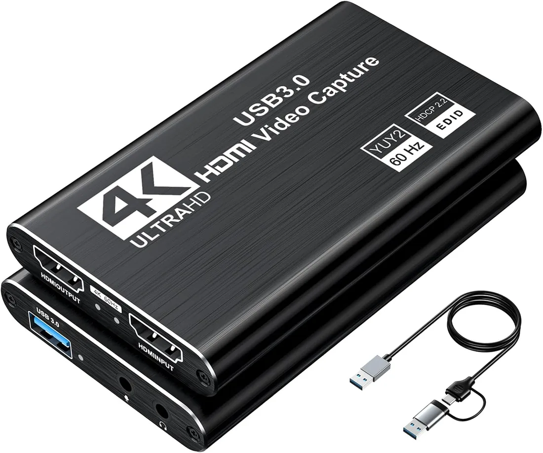 XIIXMASK capturadora de Video, capturadora Audio y Video, Tarjeta de Captura USB 3.0 4K HDMI Loop-out, 1080P 60FPS/2K 30FPS Captura de Videojuegos para PS5/Switch/cámara/PC/OBS（Negro）