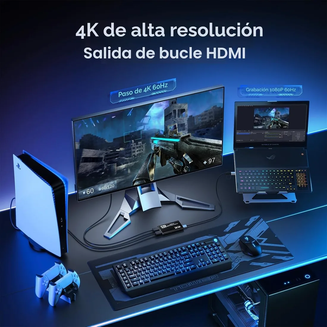 XIIXMASK capturadora de Video, capturadora Audio y Video, Tarjeta de Captura USB 3.0 4K HDMI Loop-out, 1080P 60FPS/2K 30FPS Captura de Videojuegos para PS5/Switch/cámara/PC/OBS（Negro） foto 3