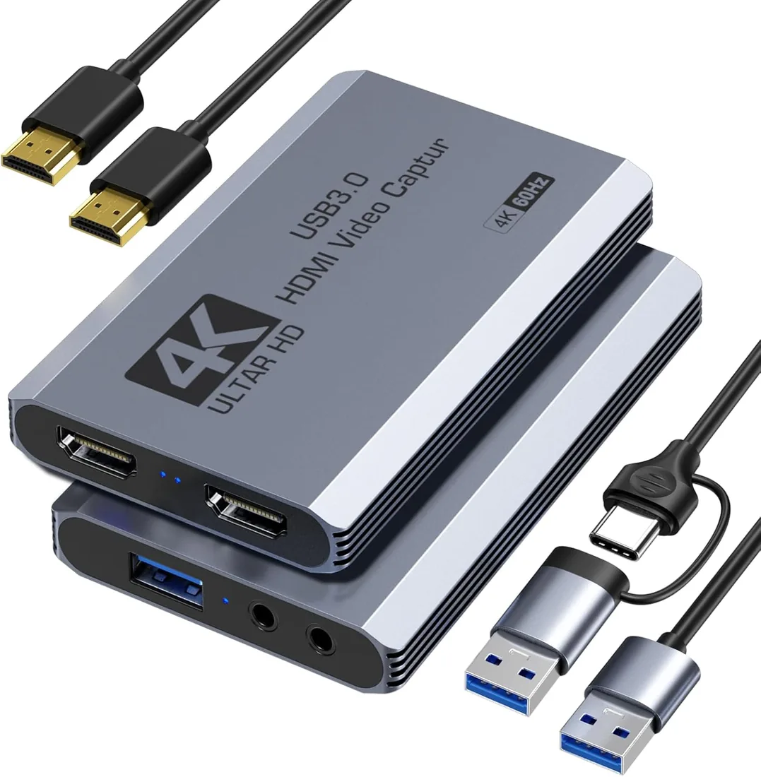 XIIXMASK Capturadora Vídeo HDMI USB 3.0, Captura 4K60FPS con Pass-Through | Dual-Port USB-A/USB-C para captura y streaming 4K60FPS y 1080P 120FPS. Para PS4/5, Xbox, Switch 1/2, PC, Mac y Cámara