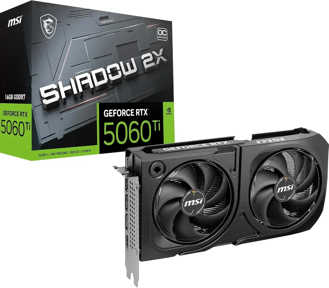 MSI GeForce RTX 5060 Ti 16G Shadow 2X OC Plus - Tarjeta gráfica RTX 5060 Ti, 16GB GDDR7, 28 Gbps/128-bit, PCIe 5.0, Diseño de Doble Ventilador Stormforce Fan, HDMI 2.1b foto 2