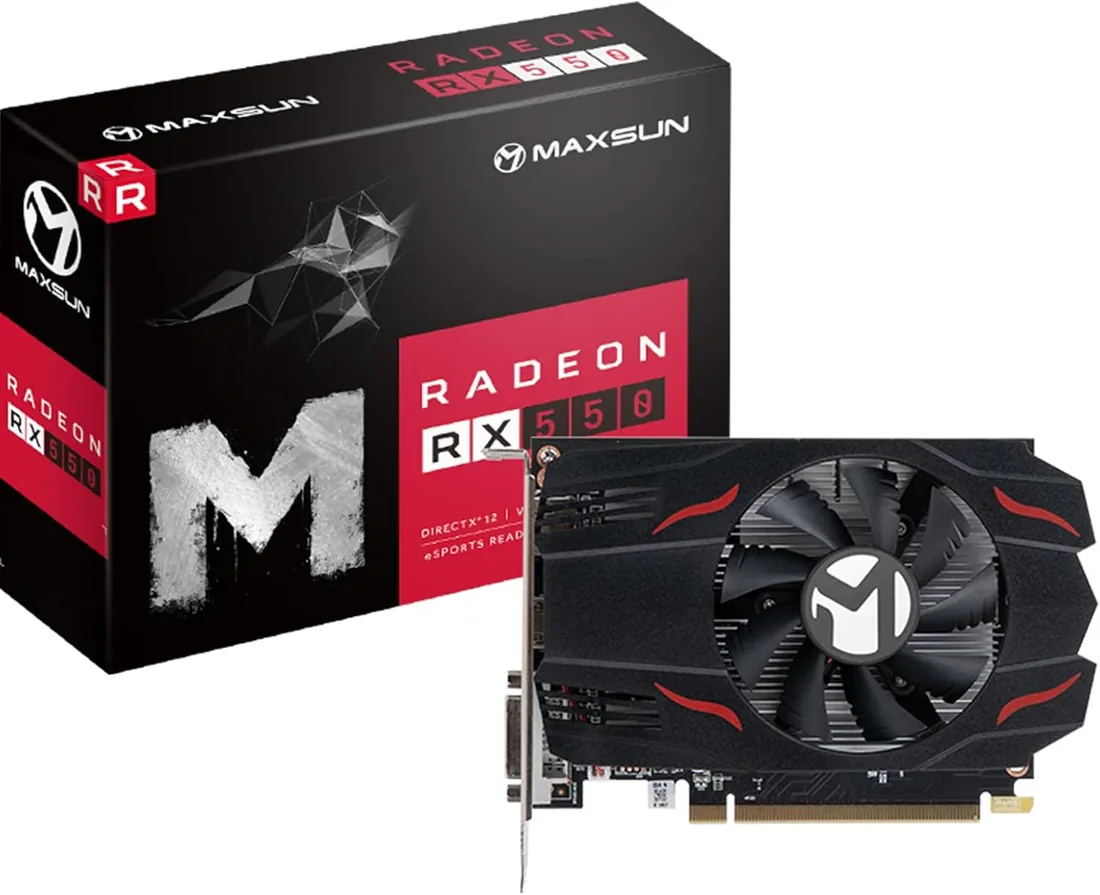 Tarjeta Grafica MAXSUN AMD Radeon RX 550 4 GB GDDR5 Tarjeta gráfica ITX para Videojuegos en PC GPU 128 bits DirectX 12 PCI Express X16 3.0 DVI-D Dual Link, HDMI, DisplayPort