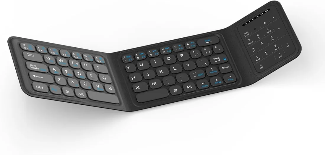 Bettdow Plegable Teclado Español Ñ, Teclado Plegable Bluetooth con Panel Táctil y Teclados Numérico, USB-C Recargable Mini Teclado para Windows/iOS/Android/Smartphones/Tabletas y Portátiles, Negro