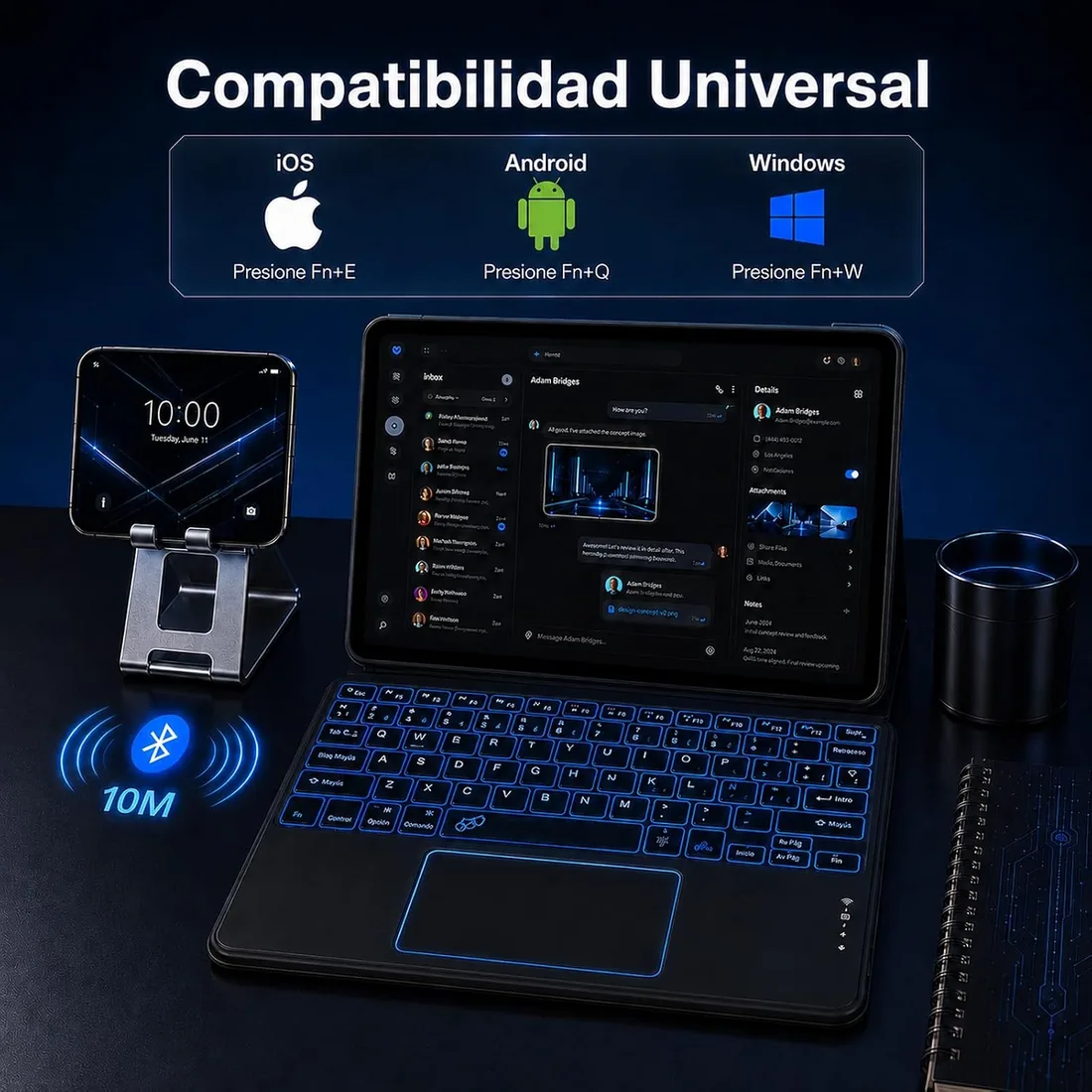 Teclado Bluetooth con Touchpad para iPad,Teclado Español Ñ Luz para Tablets foto 3
