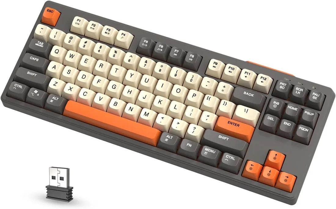 ATTACK SHARK x FREEWOLF M87 80% Teclado Inalámbrico para Juegos, 87 Teclas TKL RGB Sensación Mecánica SA PBT Teclado Bluetooth/Modo Dual 2.4Ghz, QWERTY, Batería 4000mAH para Mac/Win - Gris/Naranja foto 3