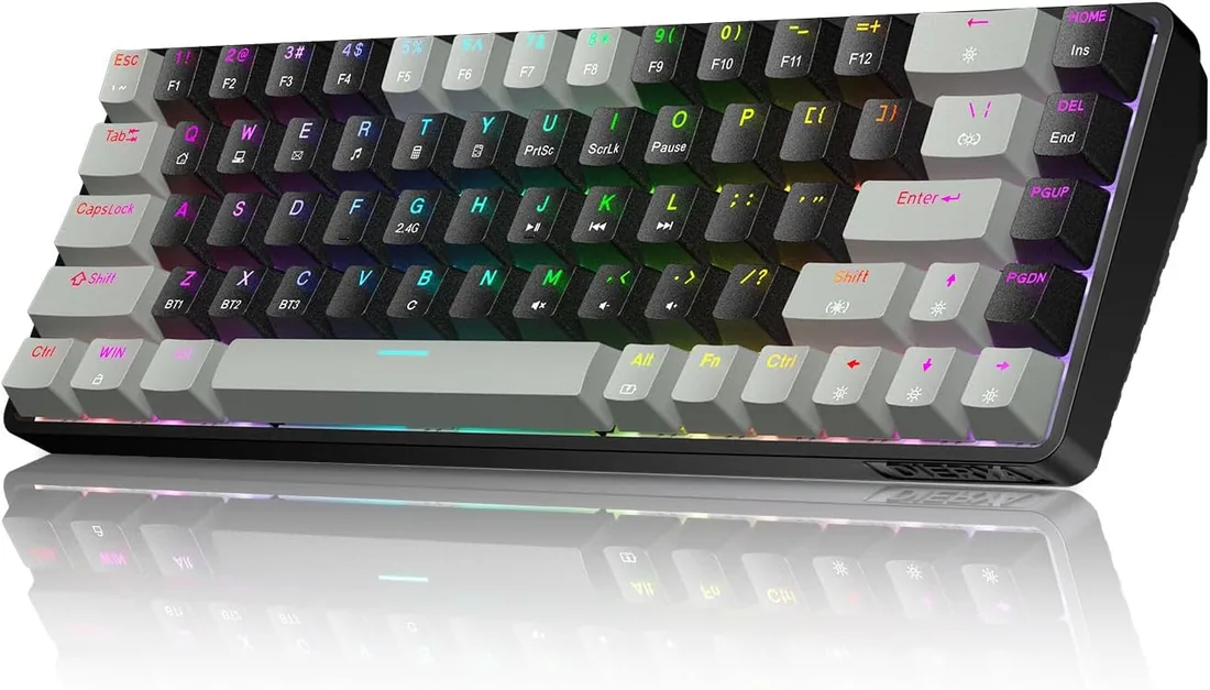 Dierya DK68 Teclado Mecánico Gaming Inalámbrico,60% Layout Compacto 68 Teclas con Triple Modo-Bluetooth/2.4G/Type-C,Red Switch Gamer Mechanical RGB Keyboard para PC/Win/Mac,QWERTY,Griza Nigra-B