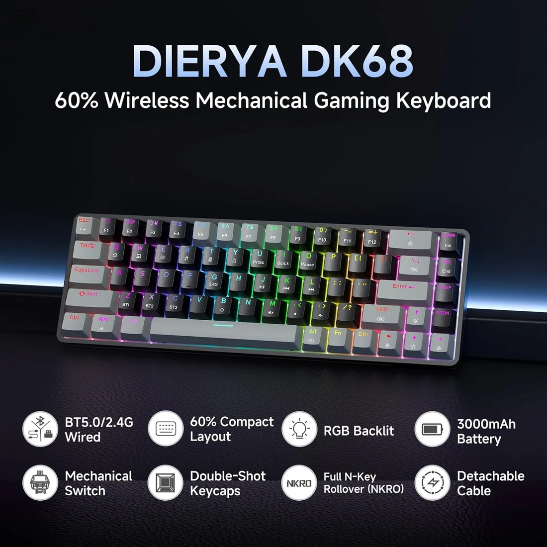 Dierya DK68 Teclado Mecánico Gaming Inalámbrico,60% Layout Compacto 68 Teclas con Triple Modo-Bluetooth/2.4G/Type-C,Red Switch Gamer Mechanical RGB Keyboard para PC/Win/Mac,QWERTY,Griza Nigra-B foto 2