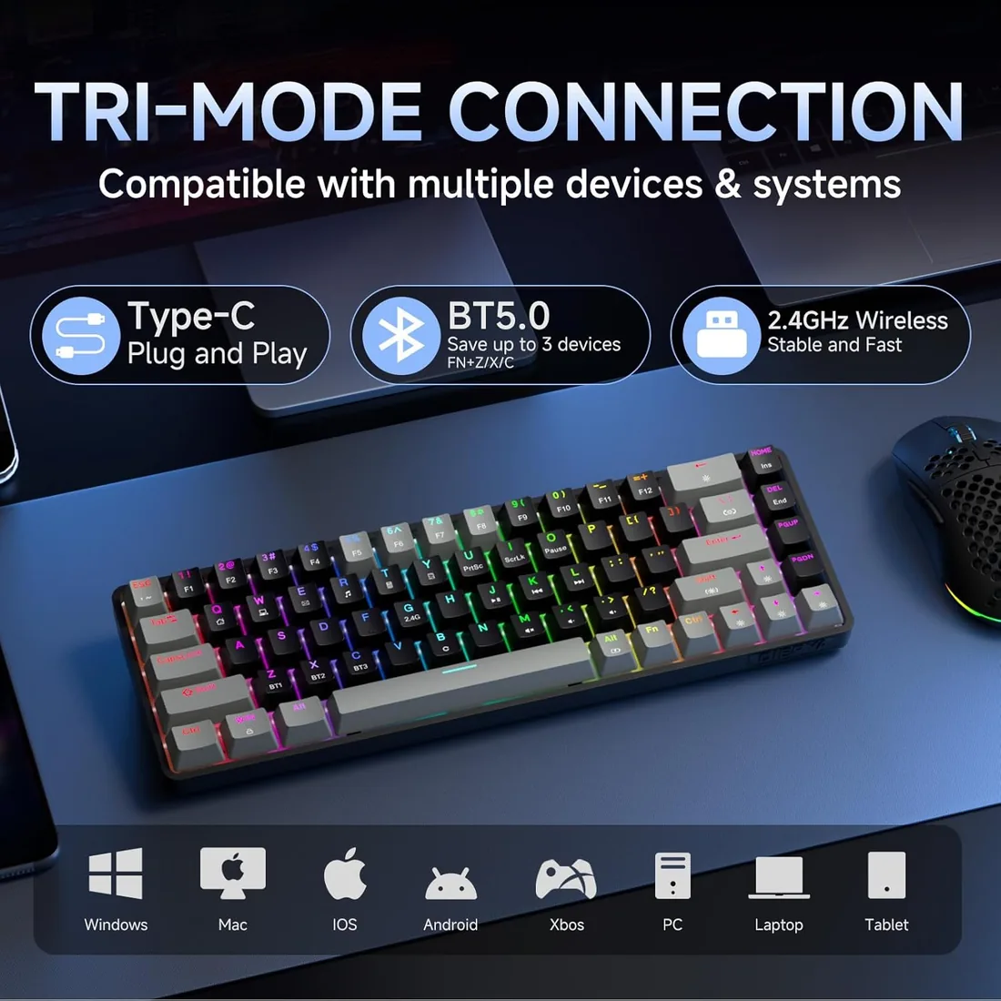 Dierya DK68 Teclado Mecánico Gaming Inalámbrico,60% Layout Compacto 68 Teclas con Triple Modo-Bluetooth/2.4G/Type-C,Red Switch Gamer Mechanical RGB Keyboard para PC/Win/Mac,QWERTY,Griza Nigra-B foto 3