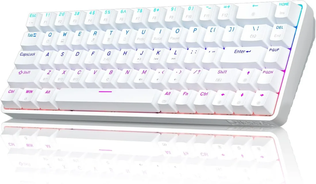 Dierya DK68 Teclado Mecánico Gaming Inalámbrico,60% Layout Compacto 68 Teclas con Triple Modo-Bluetooth/2.4G/Type-C,Red Switch Gamer Mechanical RGB Keyboard para PC/Win/Mac,QWERTY,Blanco foto 3
