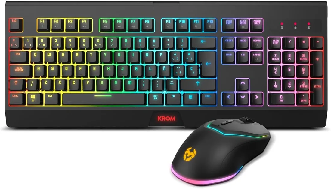 KROM Kabala - Kit Teclado Membrana inalámbrico RGB Rainbow retroiluminado, 6 Teclas Anti-Ghosting, Raton Óptico inalámbrico 6 Niveles dpi 800-4800 on-The-Fly, Compatible PC, Layout español, Negro