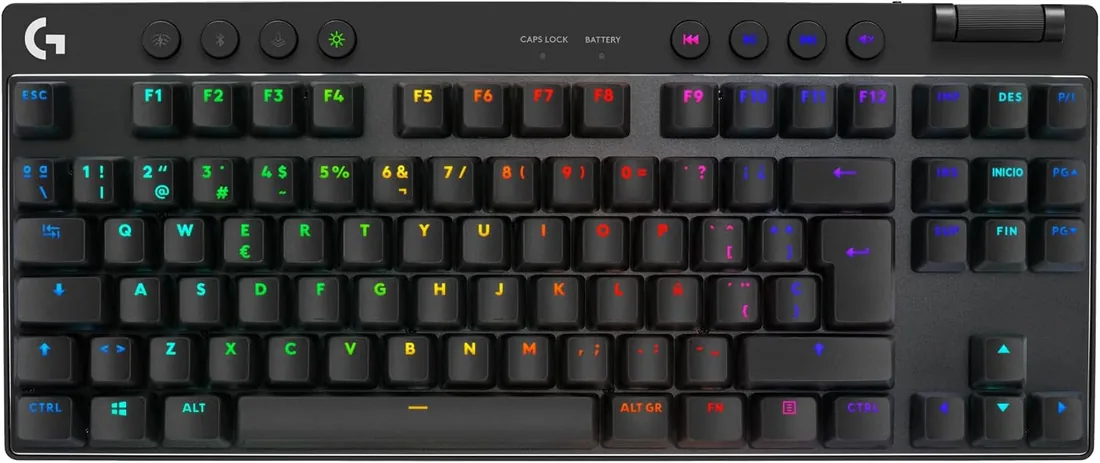 Logitech G Pro X TKL Lightspeed, Teclado inalámbrico para Gaming, ultraportable, sin sección numérica, RGB LIGHTSYNC, Teclas de PBT, interruptores táctiles (GX Brown), QWERTY Español, PC - Negro