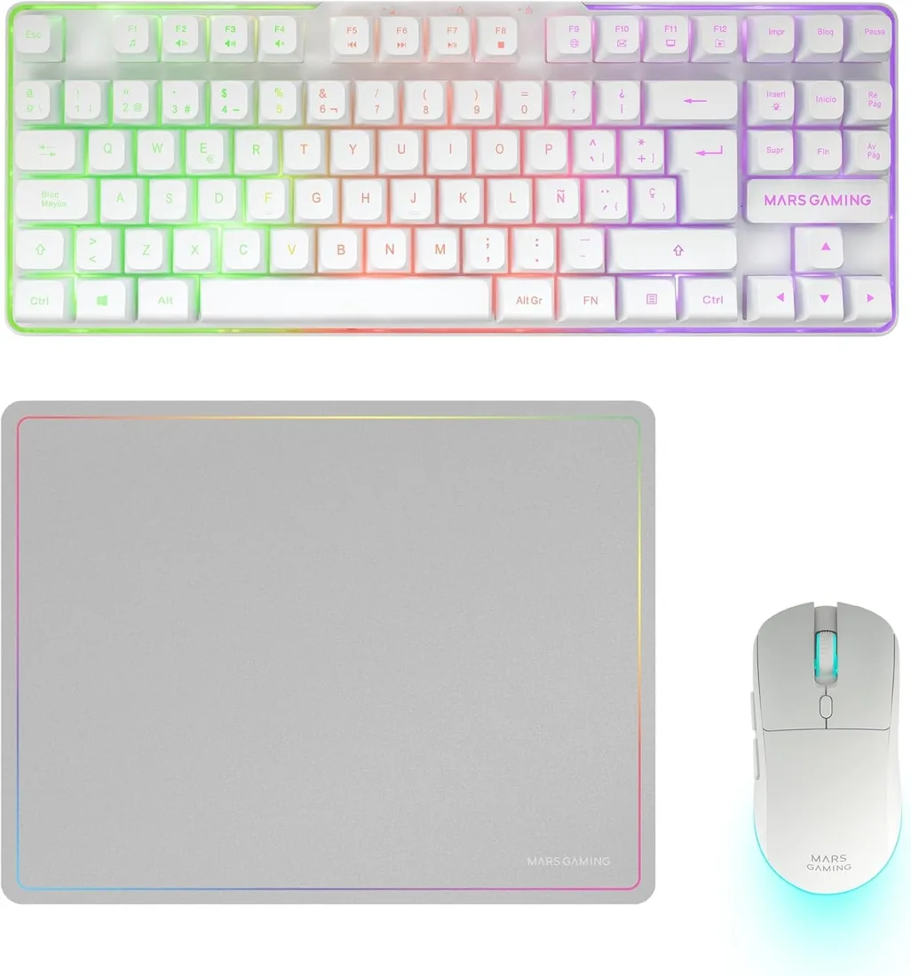 Mars Gaming MCPWTKL, Español, Combo Gaming Inalámbrico, Tecnología DualPro Link 2.4GPRO, Teclado TKL FRGB Rainbow + Ratón RGB 3200DPI y Switches HUANO + Alfombrilla Antideslizante 360x260mm, Blanco