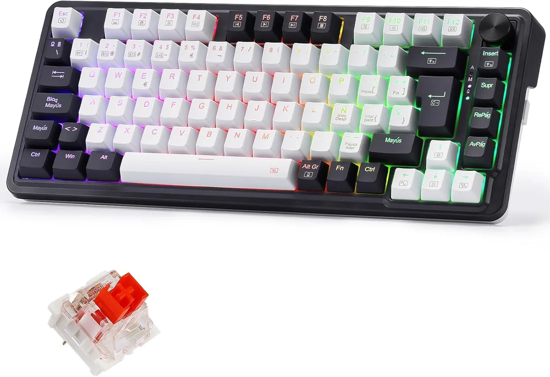 Redragon K673 Pro Teclado Mecánico Gasket RGB 75% 82 Teclas QWERTY Español | Perilla Control 2.4G/BT/USB-C Espumas Absorbentes Sonido Hot Swap Interruptor Rojo Batería 4000mAh