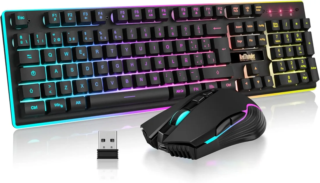 RedThunder K10 Teclado Gaming Sensación Mecánico lnalámbrico,Retroiluminación RGB,Batería Recargable de 3800 mAh, Anti-ghosting+Ratón 7D 3200DPI,Disposición ES,para PC/PS5/Xbox-Negro
