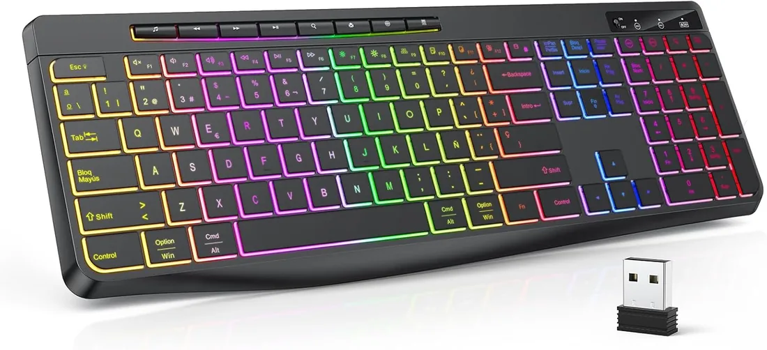TECURS Teclado Gaming inalámbrico- Teclado inalámbrico Silencioso de 2,4 GHz, Retroiluminación, Ergonómico, Tamaño Completo con Teclas Multimédia para PC/Ordenador/Mac/Windows, QWERTY Español - Negro