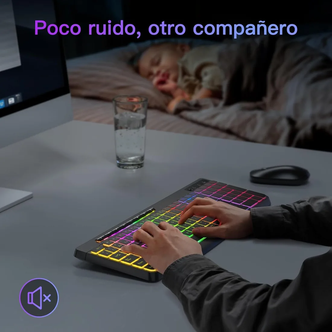 TECURS Teclado Gaming inalámbrico- Teclado inalámbrico Silencioso de 2,4 GHz, Retroiluminación, Ergonómico, Tamaño Completo con Teclas Multimédia para PC/Ordenador/Mac/Windows, QWERTY Español - Negro foto 2