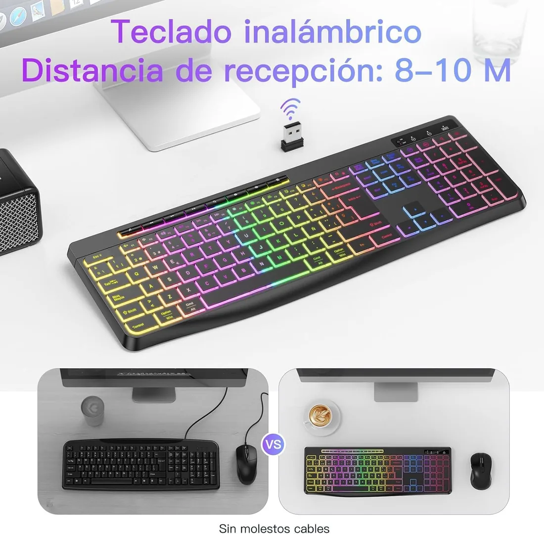 TECURS Teclado Gaming inalámbrico- Teclado inalámbrico Silencioso de 2,4 GHz, Retroiluminación, Ergonómico, Tamaño Completo con Teclas Multimédia para PC/Ordenador/Mac/Windows, QWERTY Español - Negro foto 3