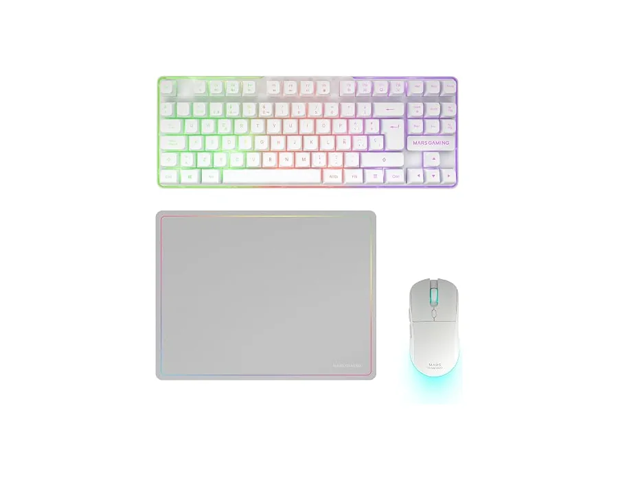 Mars Gaming MCPWTKL, Portugués, Combo Gaming Inalámbrico, Tecnología DualPro Link 2.4GPRO, Teclado TKL FRGB Rainbow + Ratón RGB 3200DPI y Switches HUANO + Alfombrilla Antideslizant
