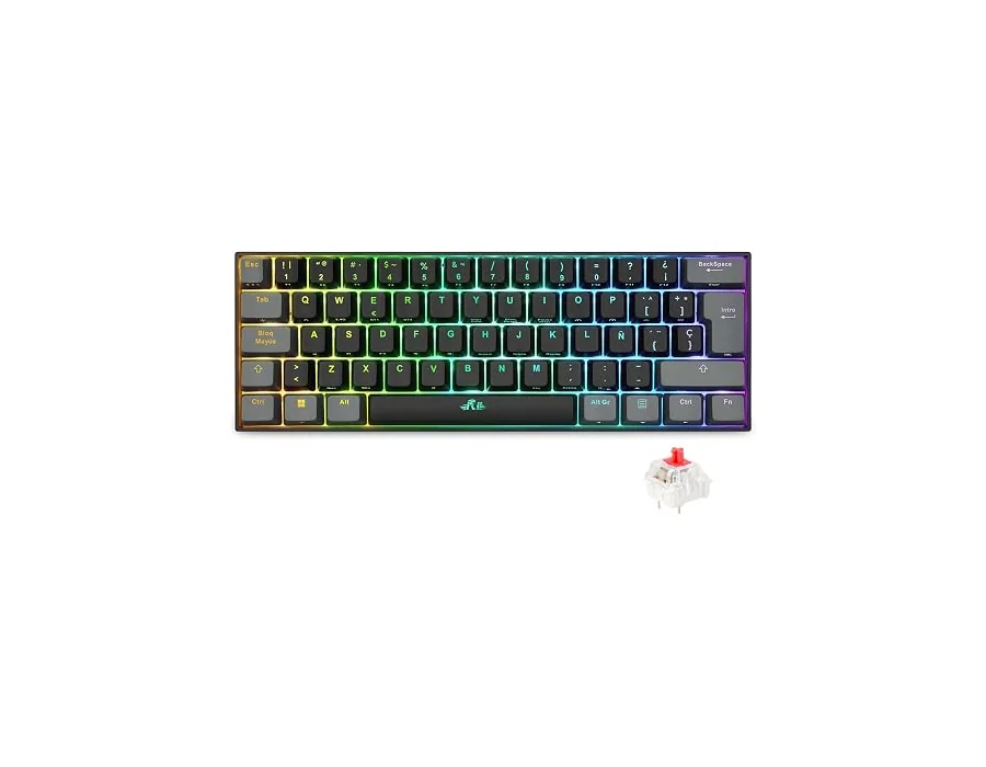 Rii RK802 Teclado Gaming Mecánico, 3 Modos de Conectividad, Retroiluminación RGB, 60% Layout Español (Interruptores Rojos)