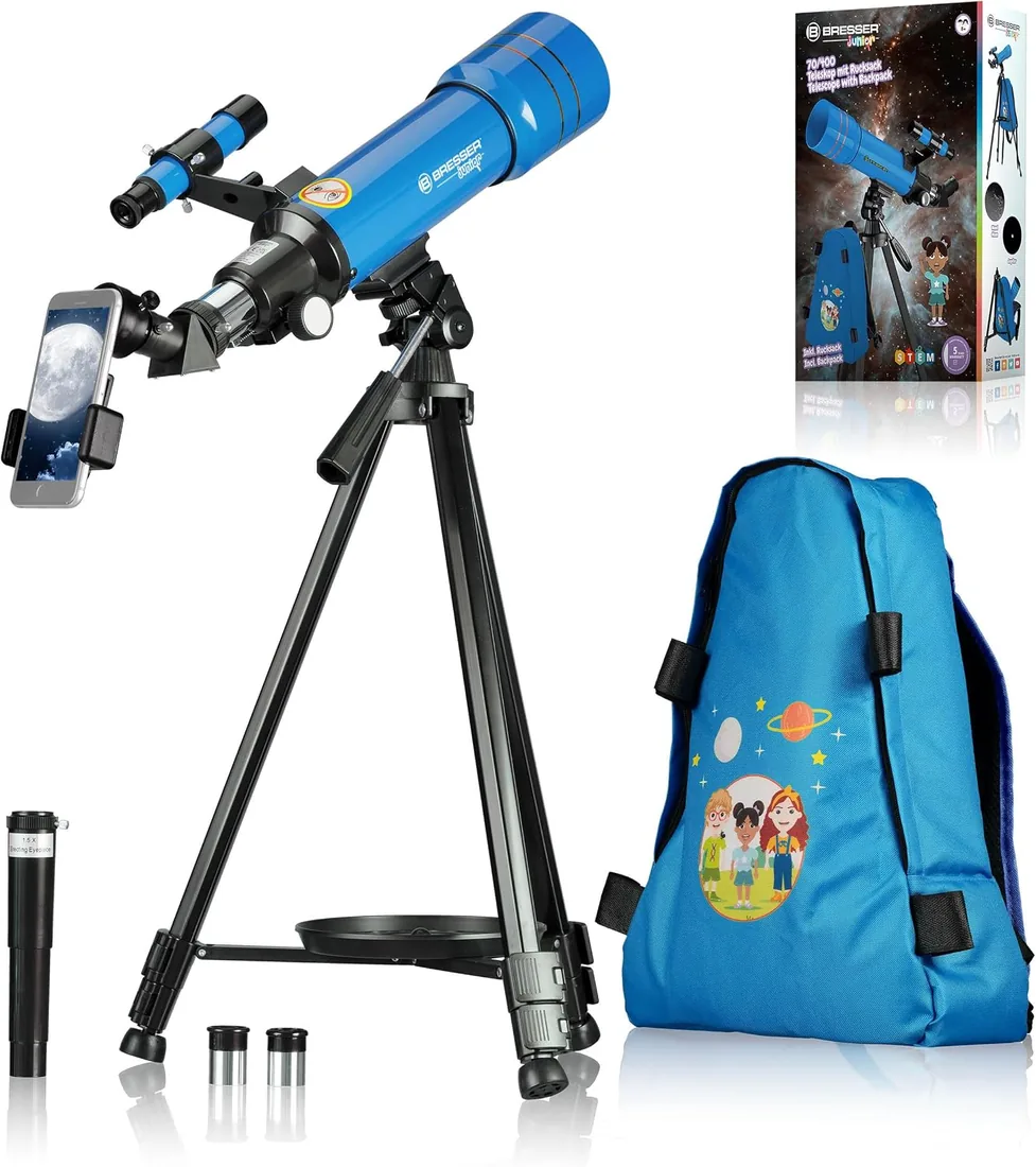 Bresser Junior 70/400 - Telescopio para niños a Partir de 8 años, astronomía Principiantes, telescopio con Mochila, Accesorios y Soporte para Smartphone, Cielo Nocturno Azul foto 2