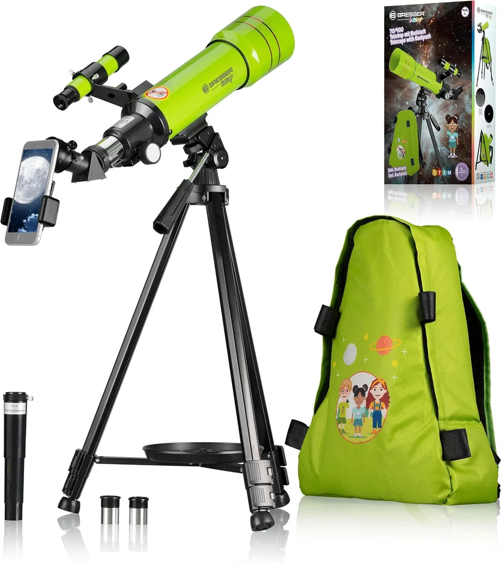 Bresser telescopio astronómico Refractor de Viaje para niños y Principiantes 70/400 Montura AZ con trípode, Adaptador para móvil, Mochila Verde foto 3