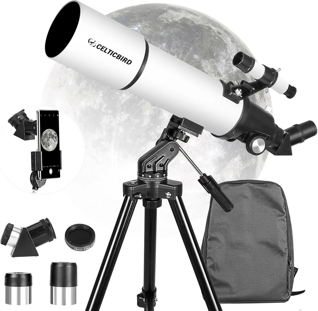CELTICBIRD Telescopio para Adultos Principiantes en astronomía - Telescopio Refractor portátil astronómico Revestimientos de Alta transmisión Totalmente Multicapa Montaje AZ （80600）
