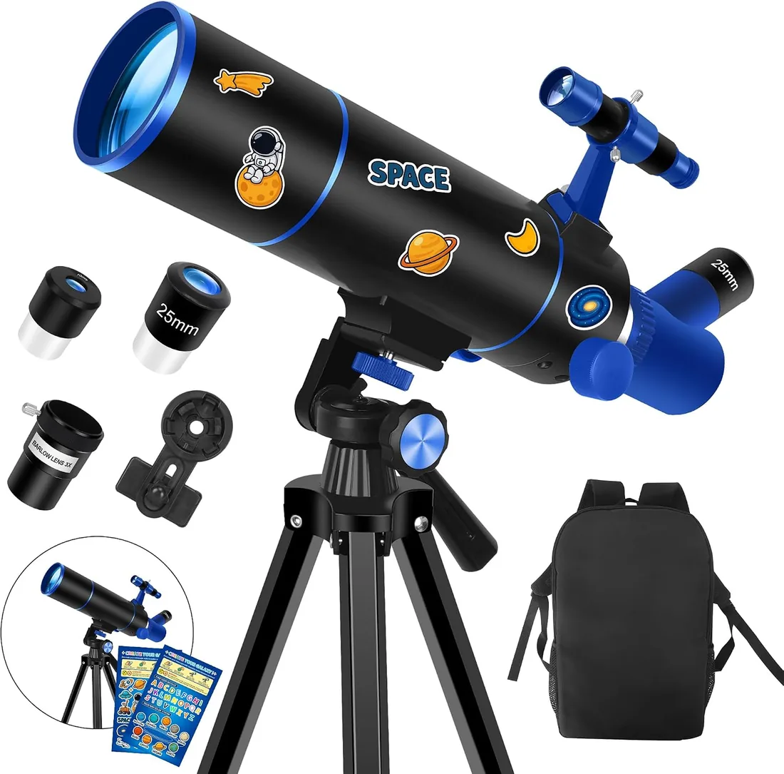 Dianfan Telescopio, 80 mm Apertura Telescopio Astronómico Adultos, Portátil Telescopios para Niños Y Principiantes,Óptica Multirrevestida, con Adaptador para Teléfono, Mochila Y Pegatinas