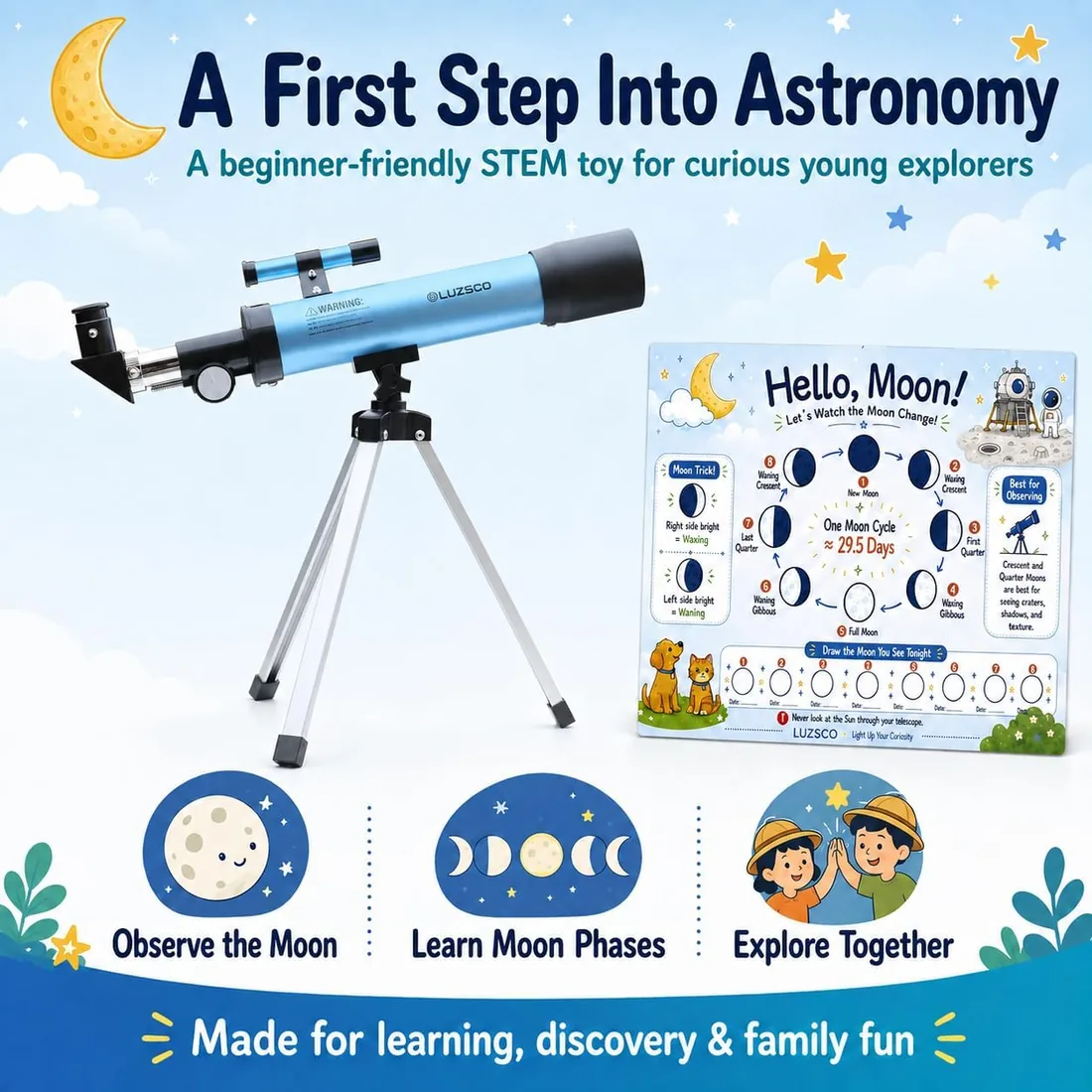 Telescopio astronómico para niños de 8 a 12 años con trípode | Telescopio para principiantes con apertura de 50 mm | Regalo educativo para niños y niñas de 6 a 12 años | Portátil | 2 oculares foto 2