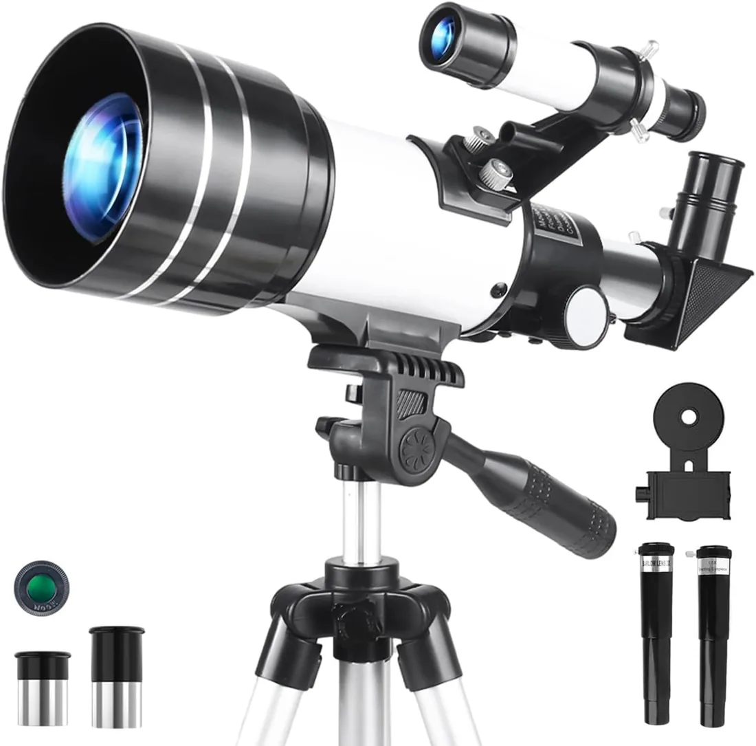 Telescopio para Adultos, 70mm Apertura 300mm Telescopios para Principiantes Astronomía con Lentes, Visor, Trípode, Soporte Móvil, Portátil Refractor Telescopio para Niños & Adultos (Blanco)