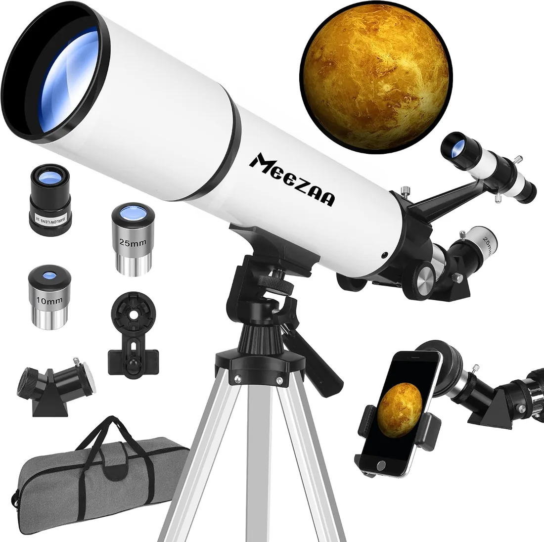 MEEZAA Telescopio, Telescopio Astronómico Adultos Profesional, 80mm Apertura 600mm Portátil Telescopios Refractor para Niños y Principiantes con Trípode, Adaptador Teléfono y Bolsa, Observer la Luna