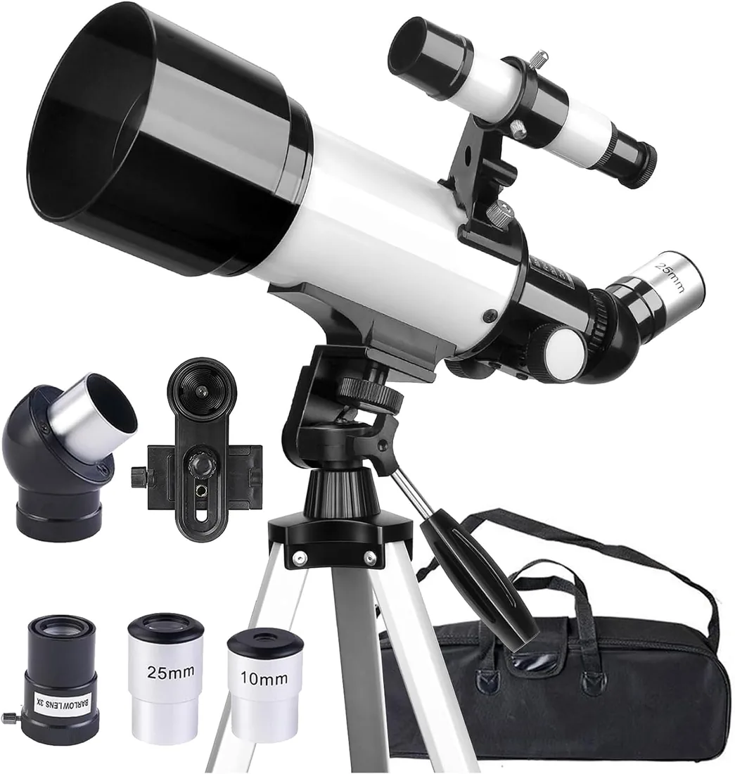 Telescopio 70mm Apertura 400mm Telescopios para Adultos Principiantes Astronomía con Lentes, Visor, Trípode, Bolso, Soporte Móvil, Portátil Refractor Telescopio para Niños & Adultos (Blanco) foto 3