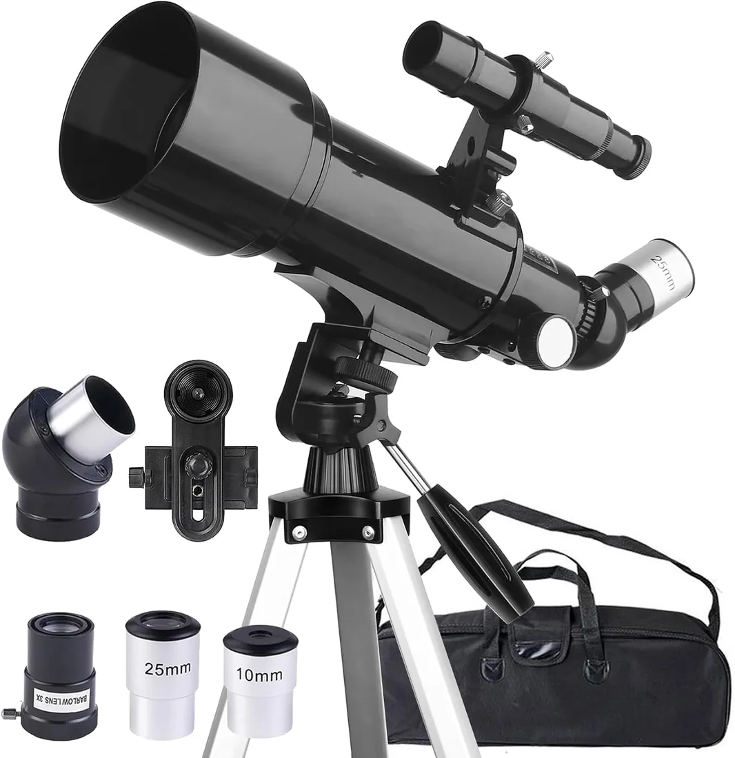 Telescopio 70mm Apertura 400mm Telescopios para Adultos Principiantes Astronomía con Lentes, Visor, Trípode, Bolso, Soporte Móvil, Portátil Refractor Telescopio para Niños & Adultos (Negro)