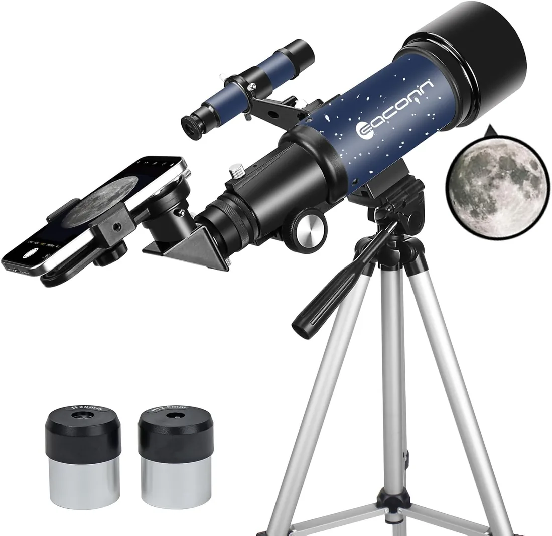 Telescopio para Adultos Principiantes, Apertura de 70 mm, 400 mm, Soporte AZ Completo, Multicapa, Refractor, telescopio de Viaje con trípode, Adaptador de teléfono (Blue)