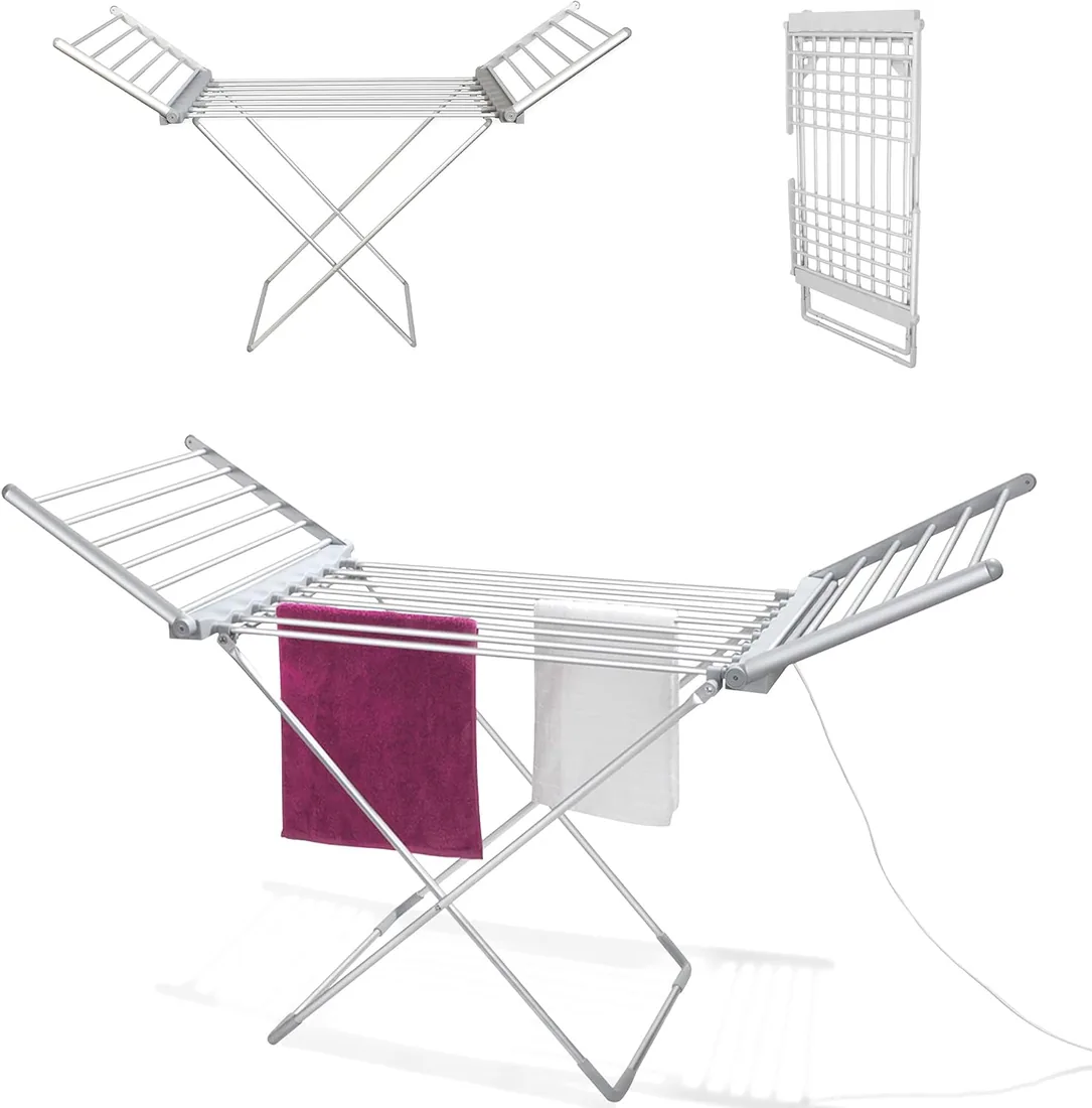 FISHTEC - Tendedero eléctrico Plegable de Aluminio - 18 Barras - 230 W - 145 cm - Aluminio Plata - Calor - para Ropa de hogar - Apto para Cuartos de baño - Secado Rápido