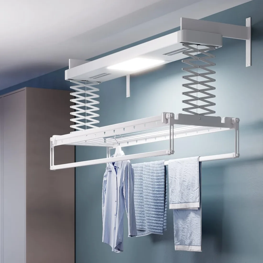 foxydry Pro, tendedero eléctrico de Pared, con Aire Caliente, 122 cm | ahorra espacio, de aluminio, con mando, motorizado, para sábanas, luz LED, soporta 35 kg, gris
