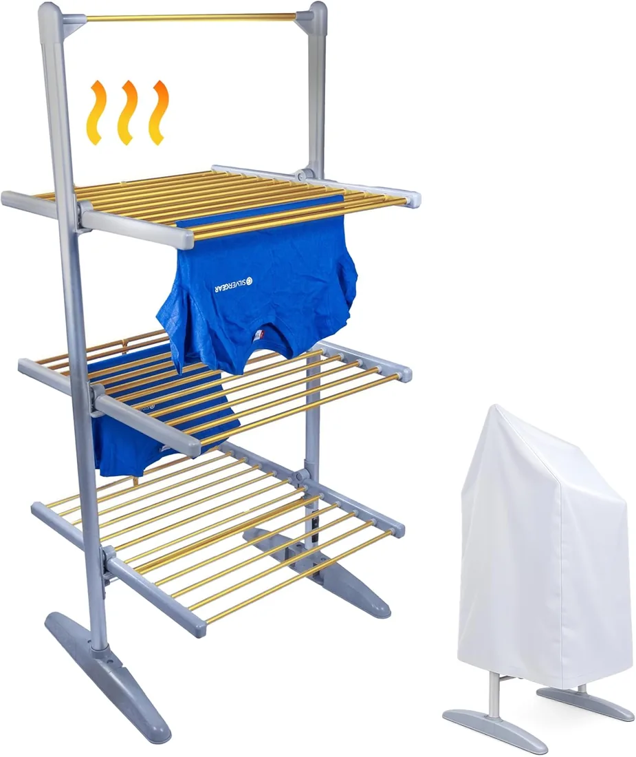 Silvergear® Tendedero Eléctrico Plegable con Calefacción | 4 Niveles | Temperatura Ajustable de 30-70°C | Temporizador de 1-9 Horas | Ahorro de Energía | Estructura Compacta y Plegable | 300W