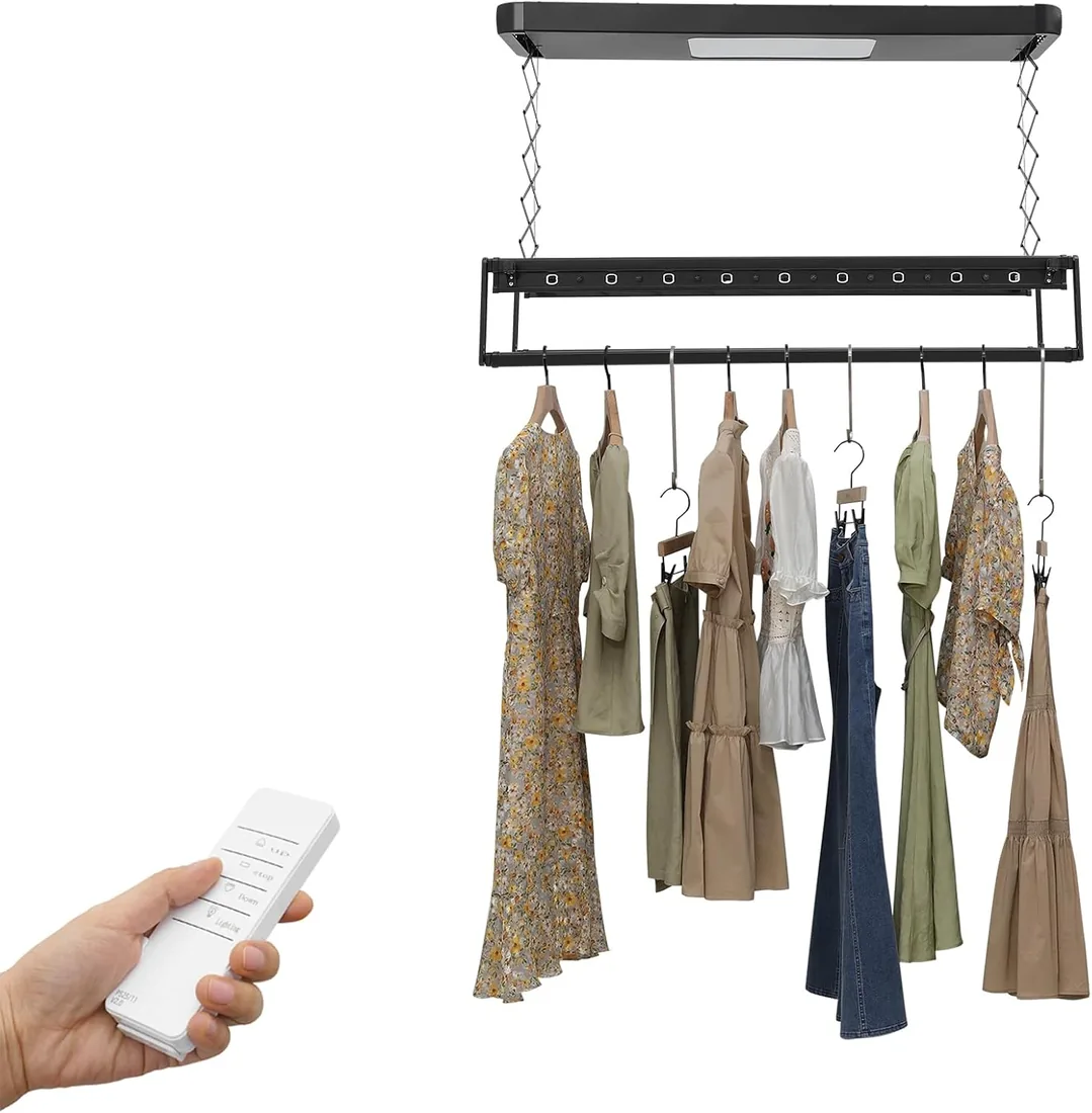 Tendedero eléctrico, tendedero electrico de ropa, altura ajustable, secador de pared extensible con mando a distancia, iluminación, equipado, tendedero para pared (negro)