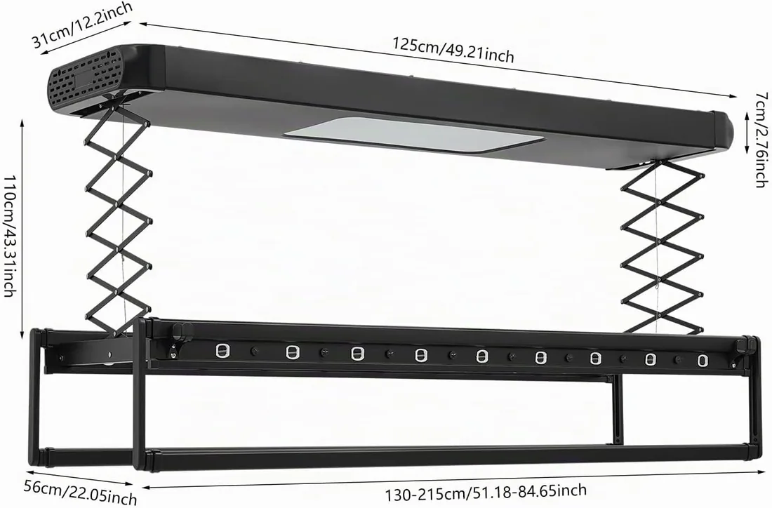 Tendedero eléctrico, tendedero electrico de ropa, altura ajustable, secador de pared extensible con mando a distancia, iluminación, equipado, tendedero para pared (negro) foto 2