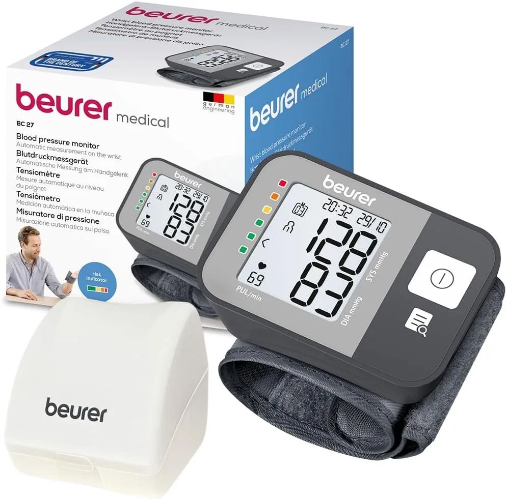 Beurer BC 27 Tensiómetro de muñeca con detección de arritmias, indicador de riesgo en color, muñeca 14-19,5 cm, producto médico, transferencia de datos a Apple Health