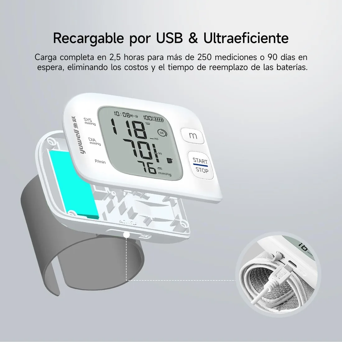 yuwell Tensiómetro de Muñeca, Medidor Tension Arterial Portátil con Sensor de Irregularidad del Ritmo Cardíaco, Batería Recargable y Cable USB Incluidos (YE8800CR) foto 3