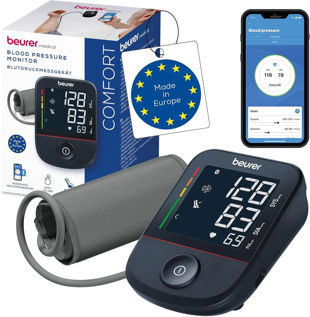 Beurer BM 48 Tensiómetro de brazo, operación sencilla con un solo botón, medición suave y rápida, detección de arritmias, 22-42 cm, con aplicación, transferencia de datos a Apple Health y más