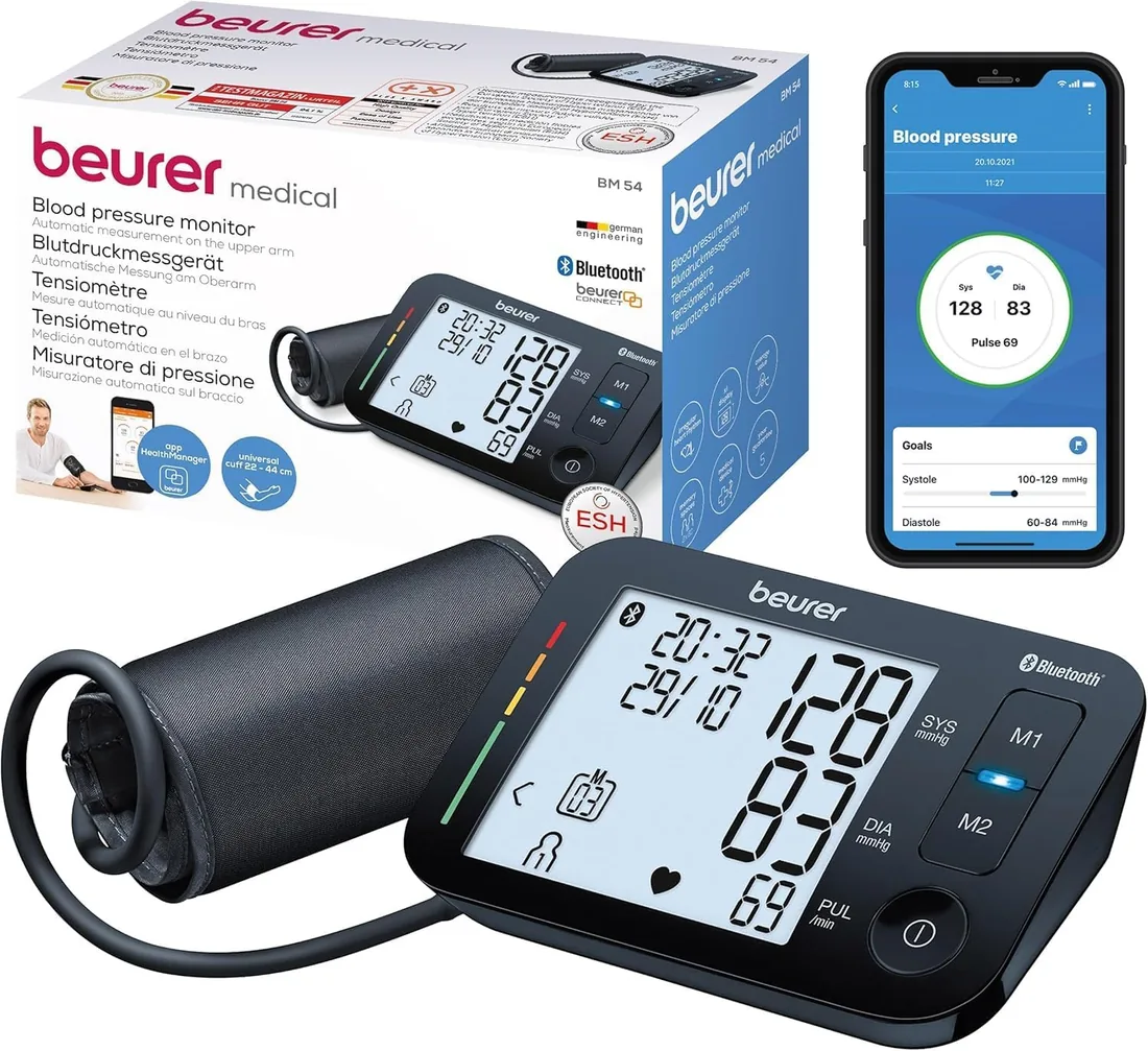 Beurer BM 54 Tensiómetro de brazo, tensiómetro digital con pantalla XL, conexión a aplicación con protección de datos certificada, detección de arritmias, manguito grande para brazo de 22-44 cm