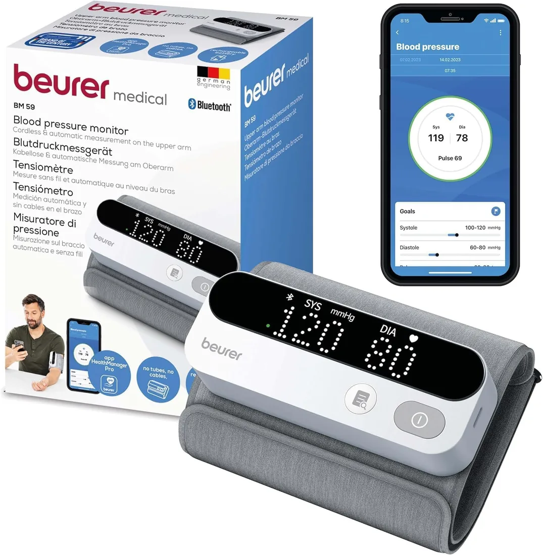 Beurer BM 59 tensiómetro de brazo, brazalete sin tubos ni cables, indicador de riesgo LED, detección de arritmias, brazalete para 22-42 cm, con app, transferencia de datos a Apple Health y más