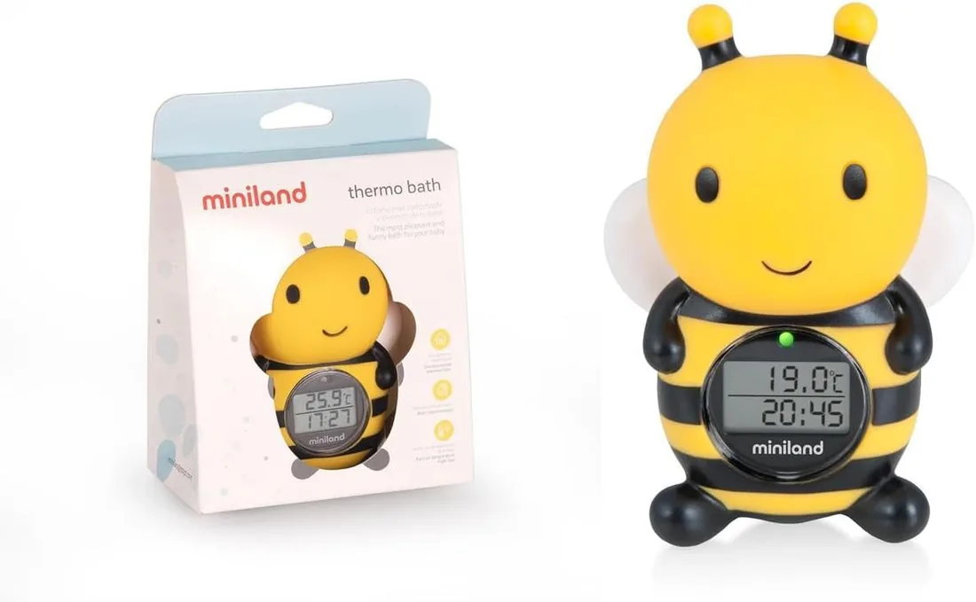 Miniland Termómetro de Baño para Bebé, Pantalla de Fácil Lectura - Bee | Divertido Diseño de Abeja, Termómetro Bañera bebé, Pantalla con Función Reloj y Temporizador, Flotante y Resistente al Agua