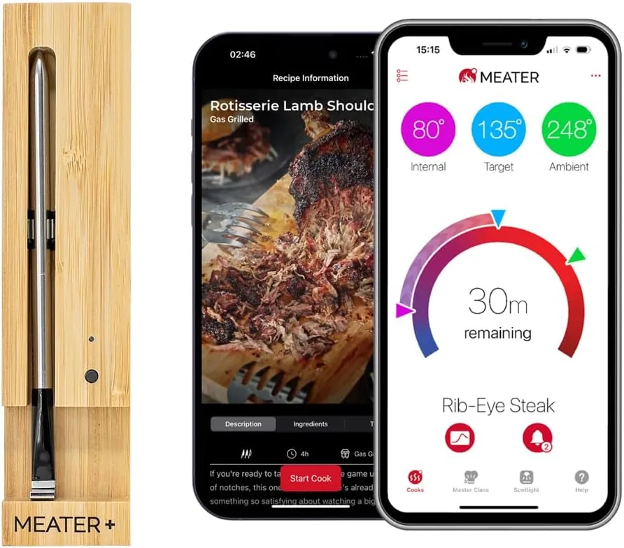MEATER Plus | El termómetro inteligente inalámbrico para carne con alcance de 50 m para horno, parrilla, sartén y asador perfecto para disfrutar de la carne a través de la aplicación en alemán