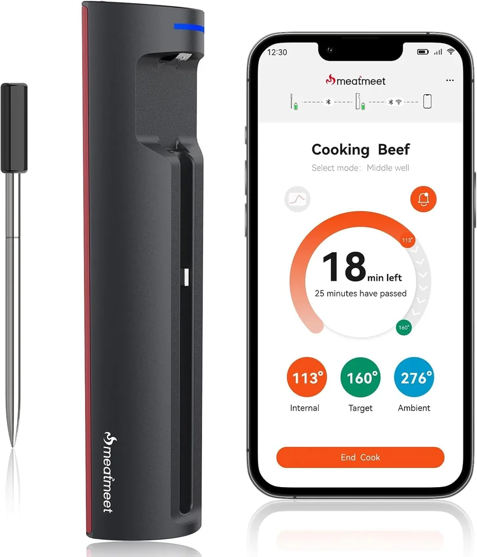 Pro Termómetro para Carne Cocina Inalámbrico con wifi y Bluetooth | Precisión ±0,5°C, Resistencia al Agua IP67, Control Mediante App con Alarma, para Barbacoa, Horno, Parrilla, Ahumador foto 3