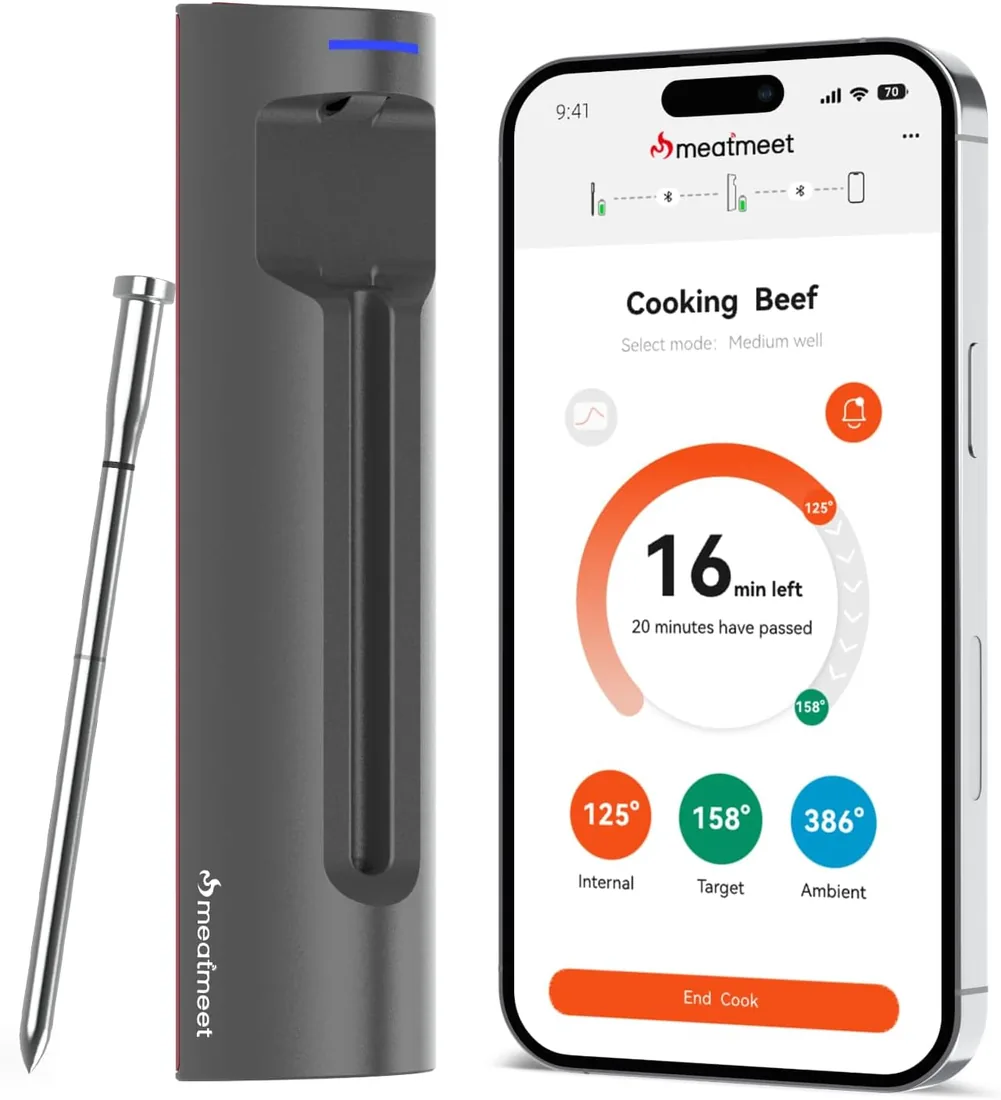 S Pro Termómetro de Carne Inalámbrico con Bluetooth, 6 Sensores Integrados | Precisión ±0,1°C, Resistente al Agua IP69, Chip Bluetooth PA Mejorado, para Barbacoa, Horno, Parrilla, Cocina