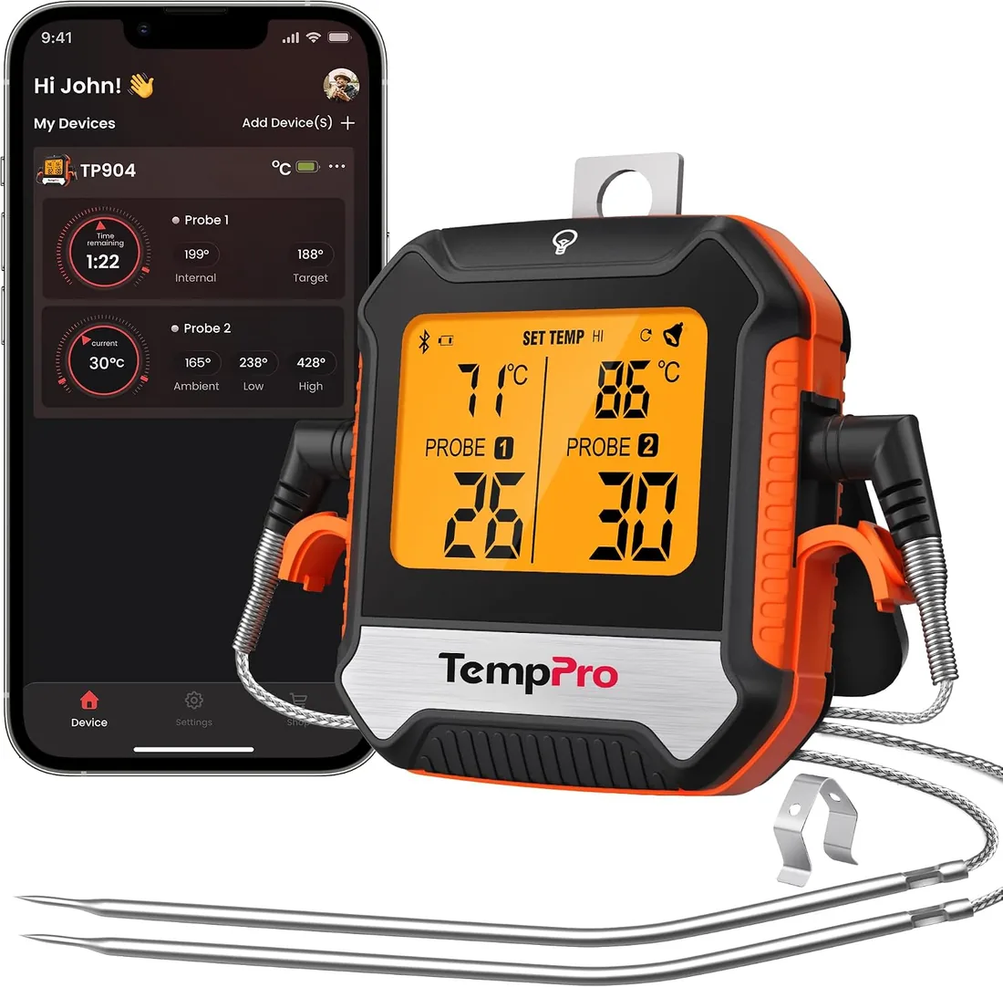 TempPro TP904 Termómetro Digital Para Carne, Control Remoto Bluetooth | Cocina Recargable con Aplicación Inteligente, Sondas de Temperatura Duales Para Alimentos Para Horno(Anteriormente ThermoPro)